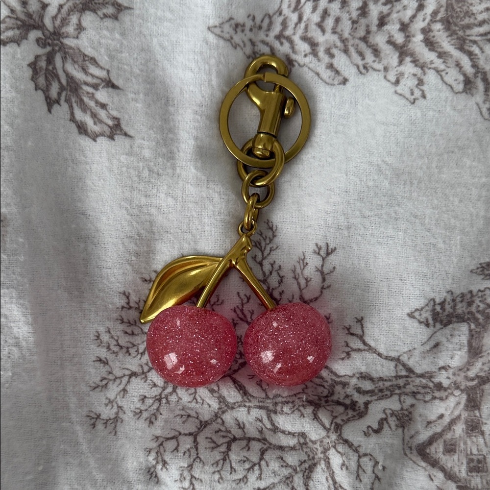 Gold Cherry Keychain with Pink Glitter Cherries
